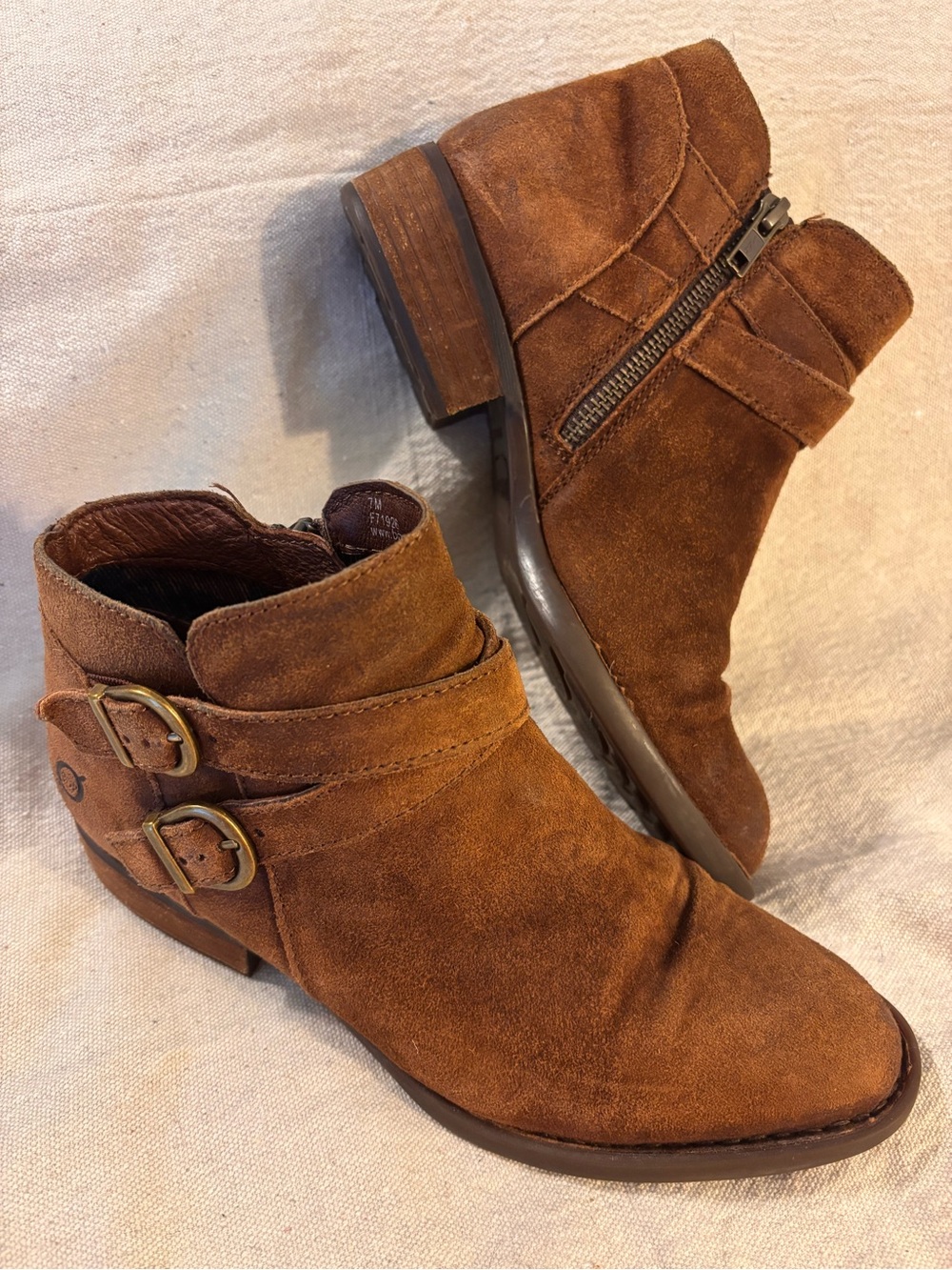 Born Women's Ozark booties in brown suede, featuring distinct side buckles